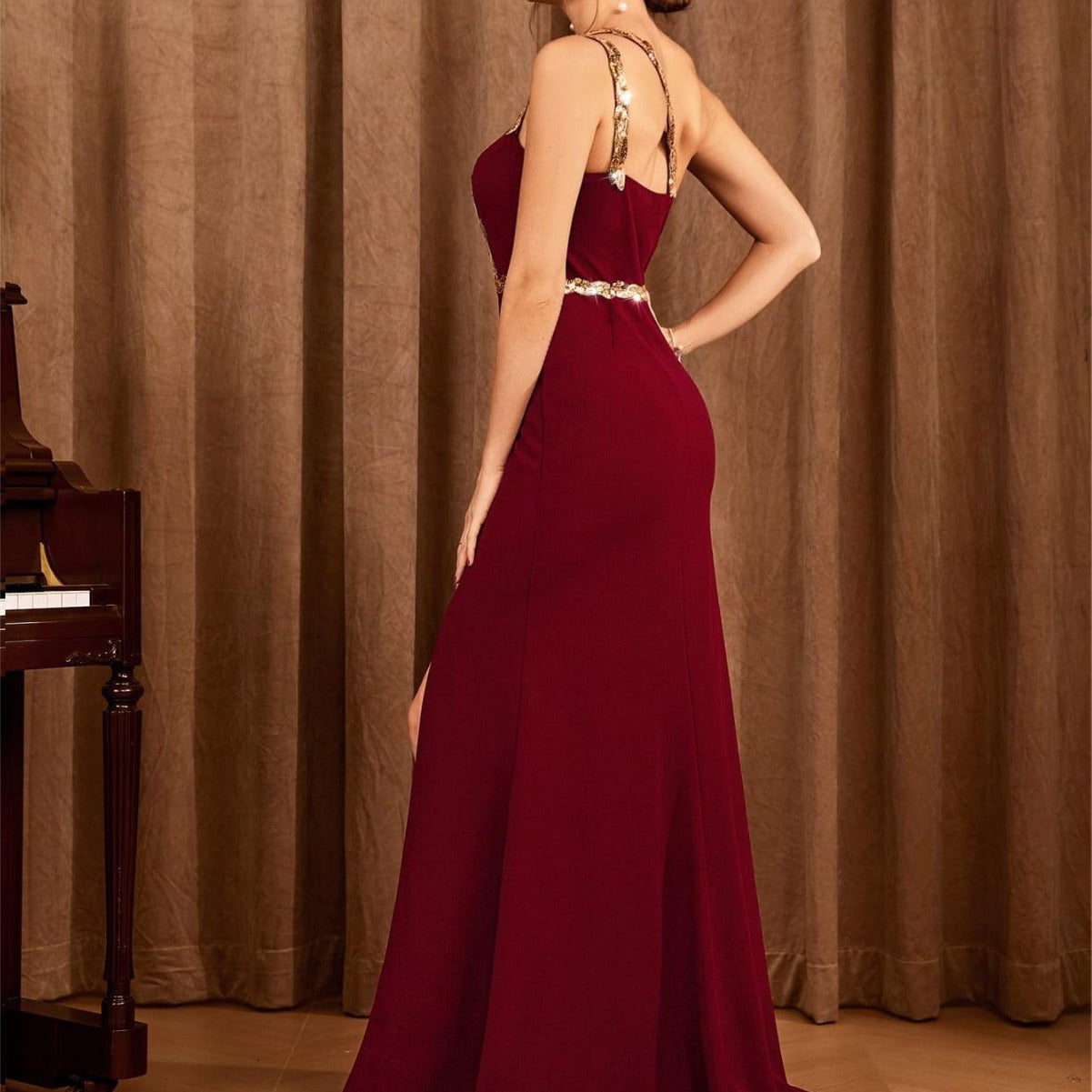 Gilded Grace One-Shoulder Slit Gown with Metallic Chain Detail
