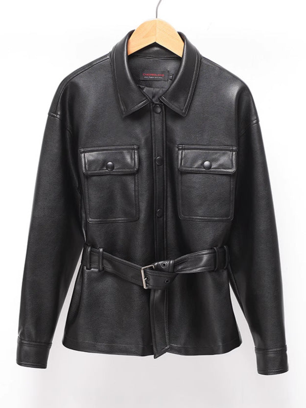 Belted Faux Leather Utility Shirt Jacket