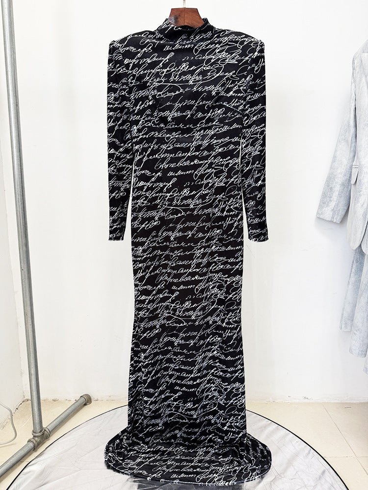Script Print Long-Sleeve Bodycon Maxi Dress