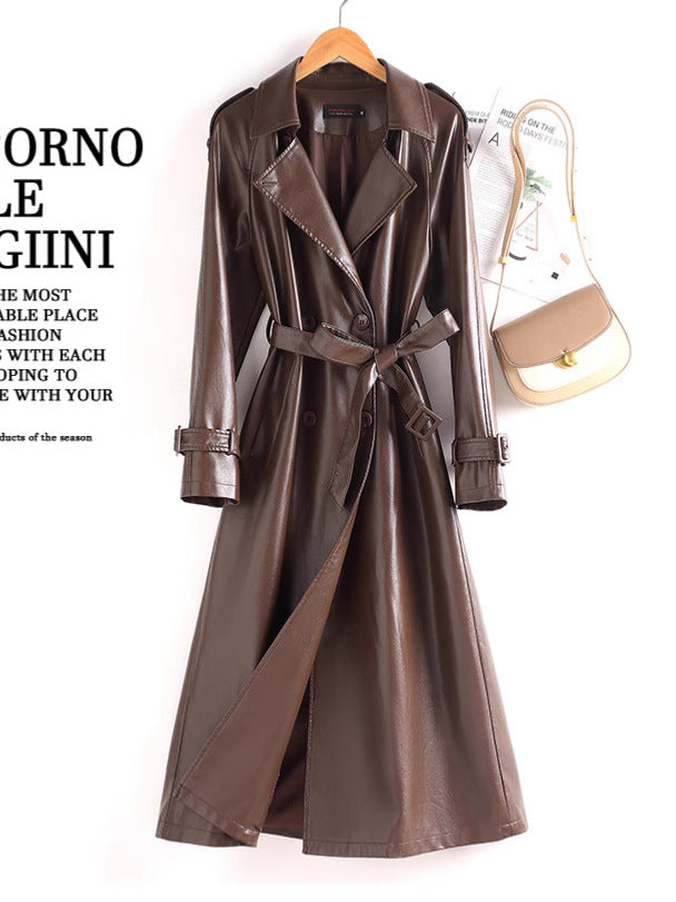 Longline Contrast-Collar Belted Leather Trench Coat