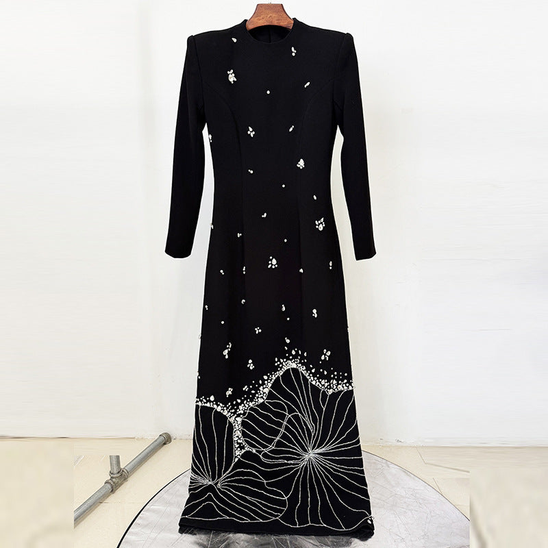 Black Beaded Long Sleeve Evening Gown