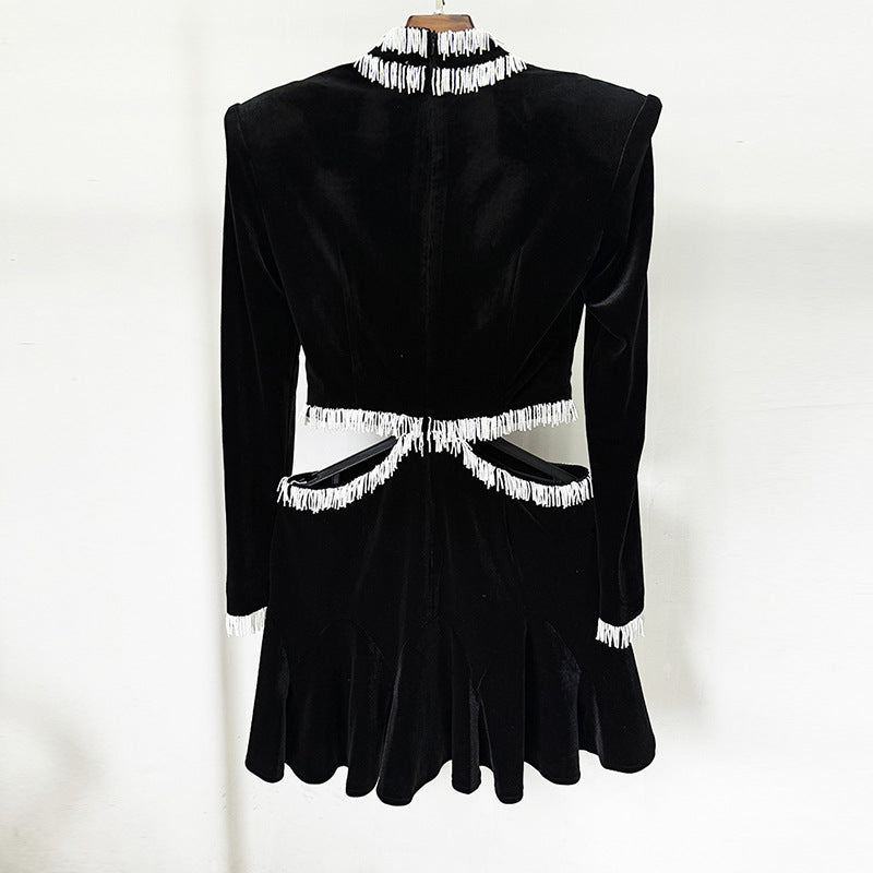 Midnight Power  Structured Velvet Fringe Dress