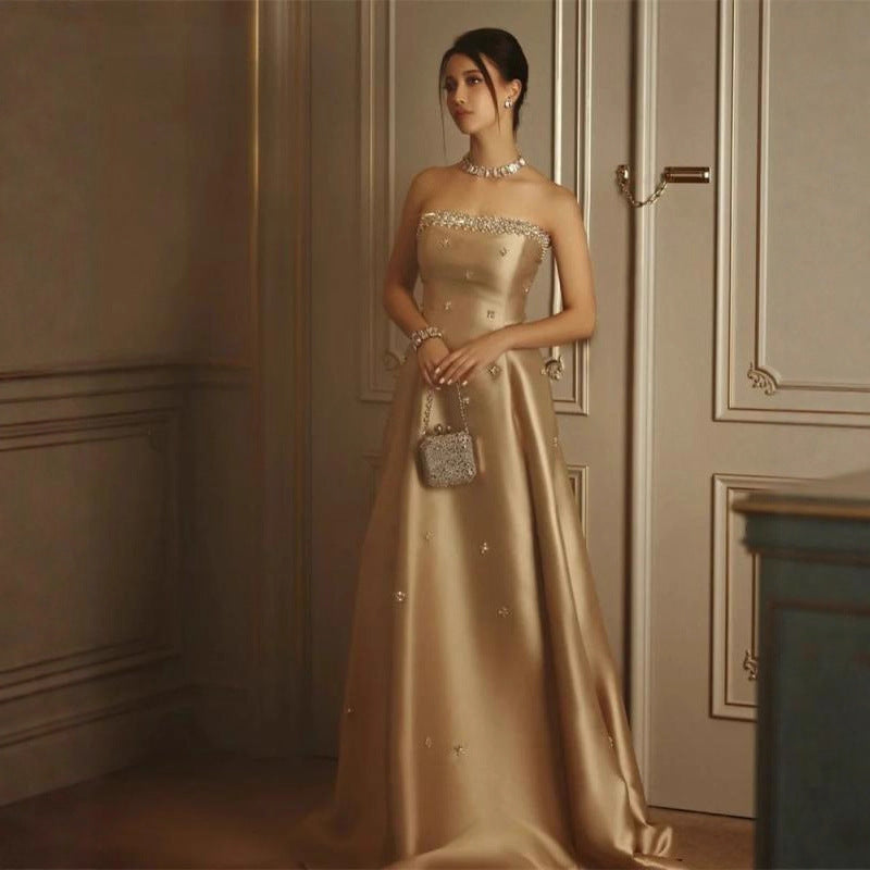 Gold Strapless Embellished Satin Gown