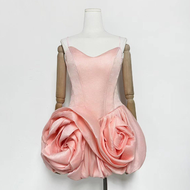 Blush Sculptural Rosette Bubble Mini Dress--