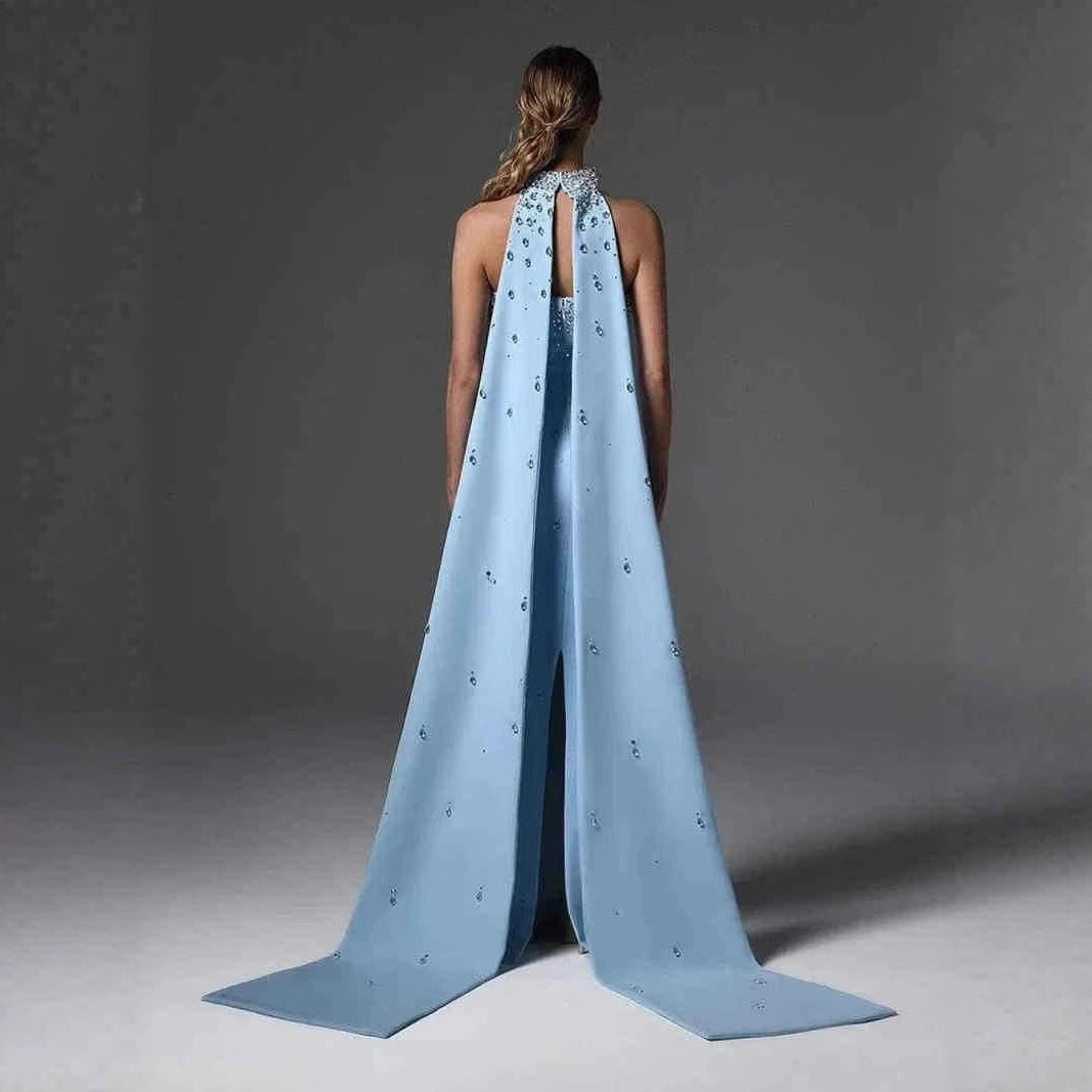 Blue Crystal Cape-Back Evening Gown