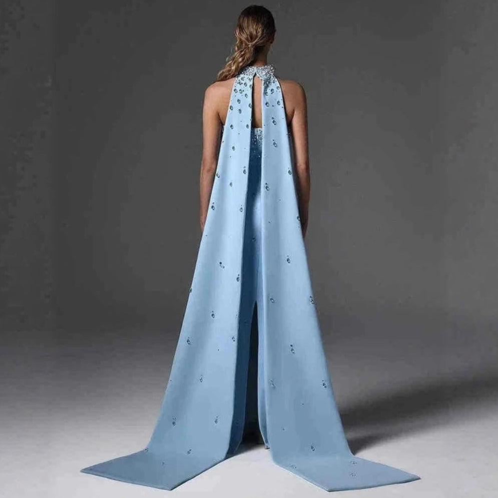 Blue Crystal Cape-Back Evening Gown