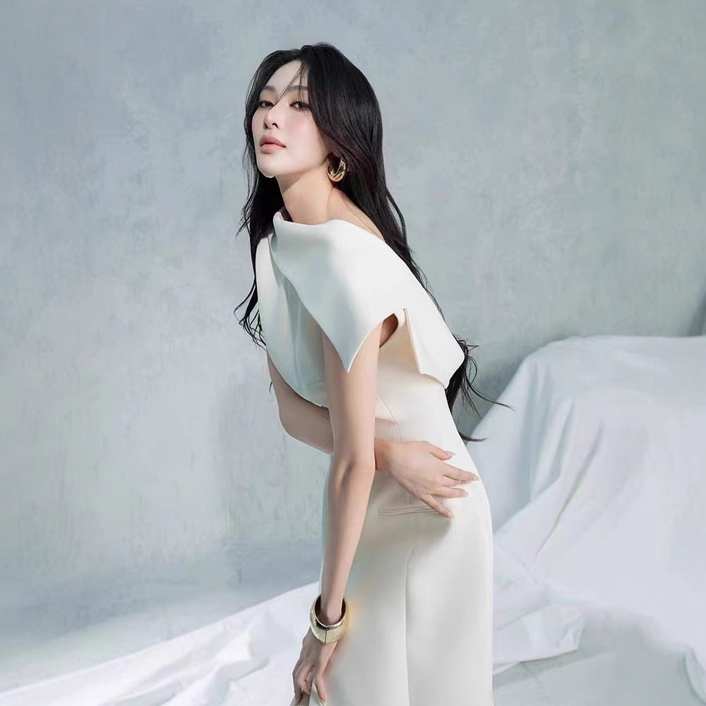 Sleeveless Asymmetric-Neck Slit Dress