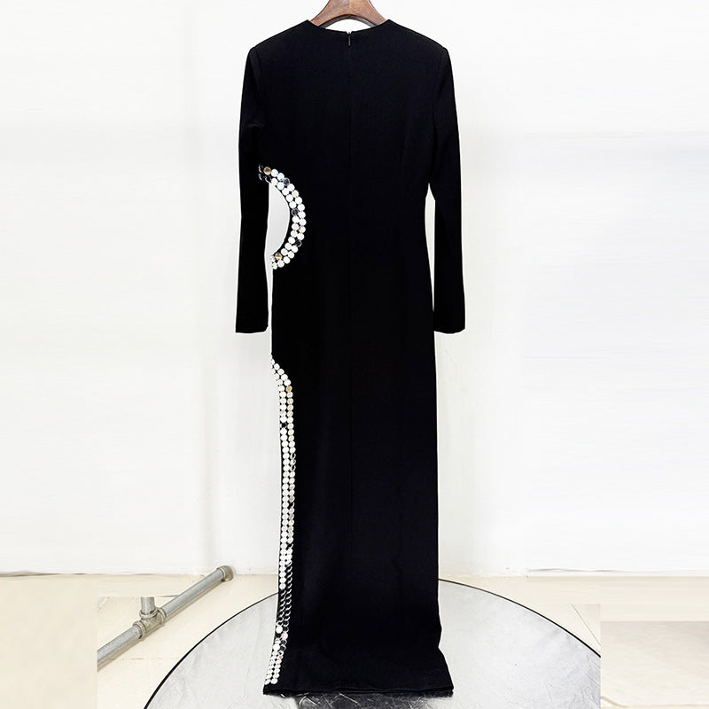 Black Cutout Gown with Sequin-Trim Slit