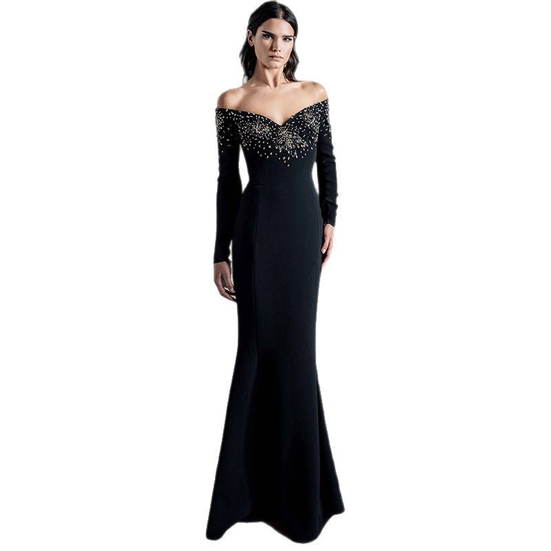 Beaded Off-Shoulder Black Fishtail Gown