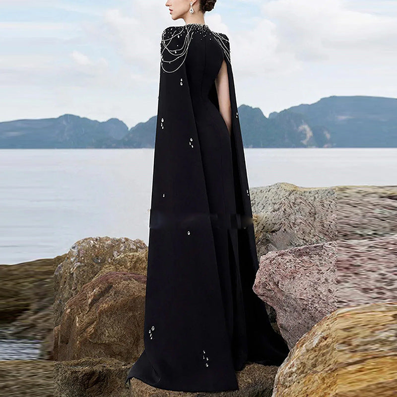 Celestial Chain Embellished black Cape Gown