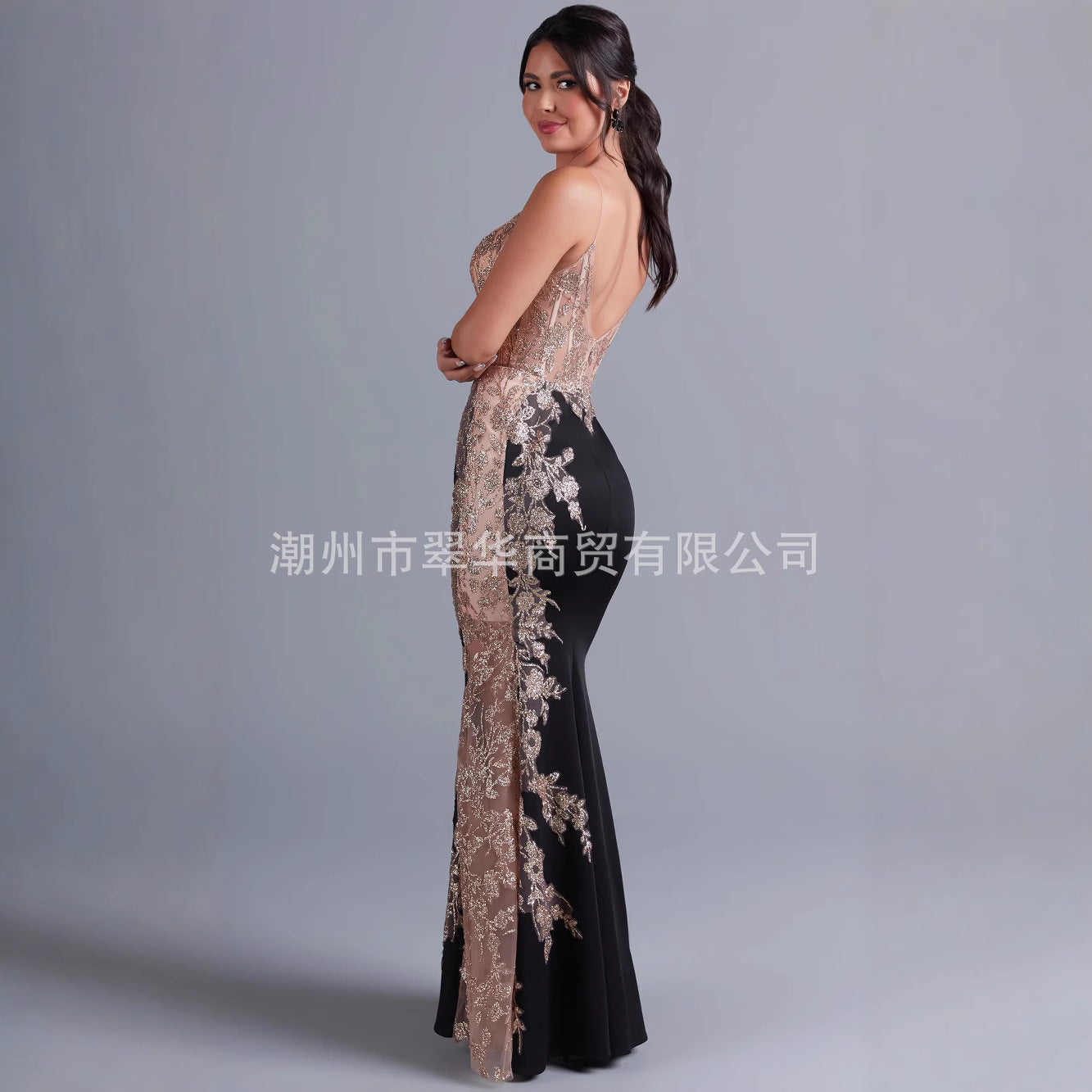 Blush Lace-Embroidered Open-Back Mermaid Gown