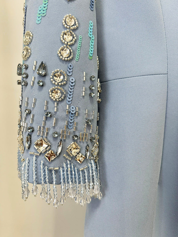 Powder Blue/Black Beaded-Sleeve Column Evening Gown