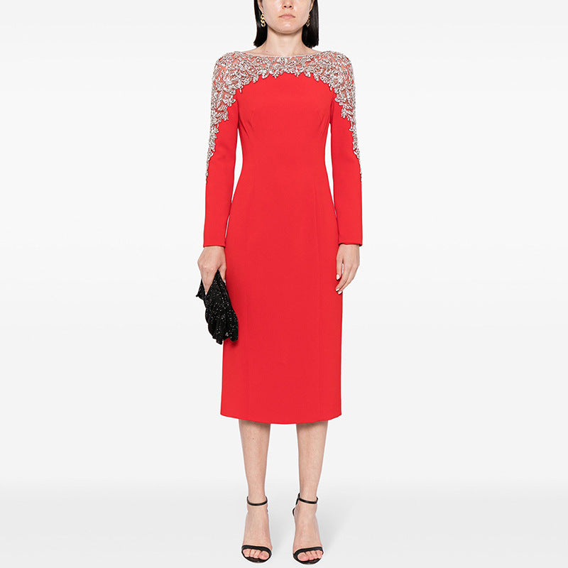 Beaded Illusion Shoulder Long Sleeve Dress