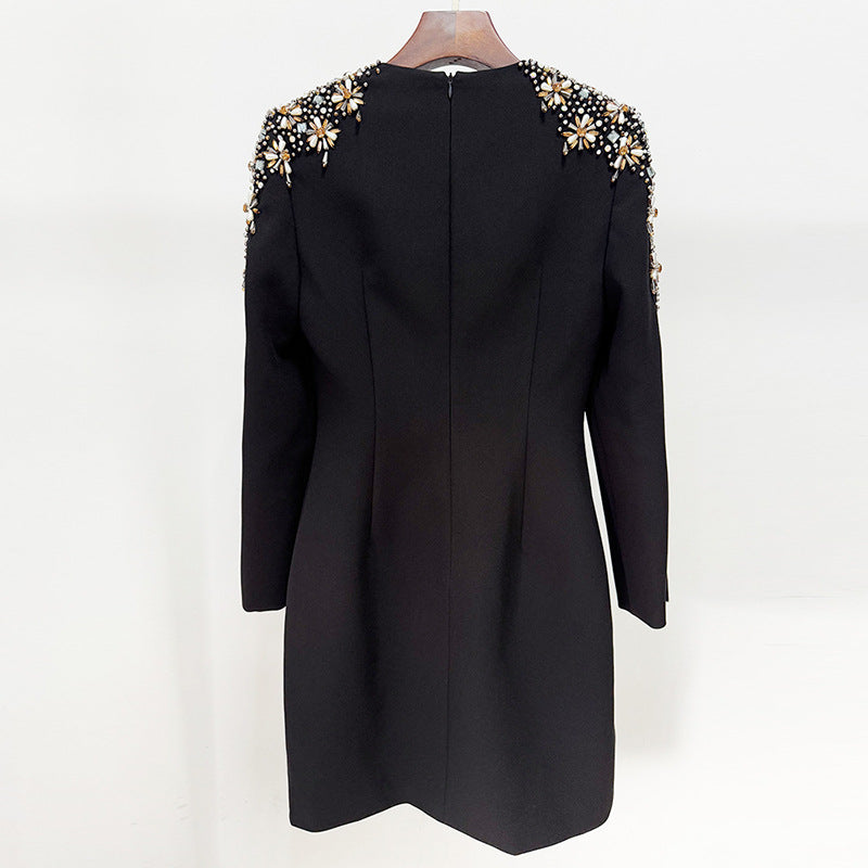 Noir Starlight  Beaded Shoulder V-Neck Mini Dress