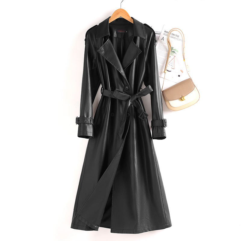 Longline Contrast-Collar Belted Leather Trench Coat