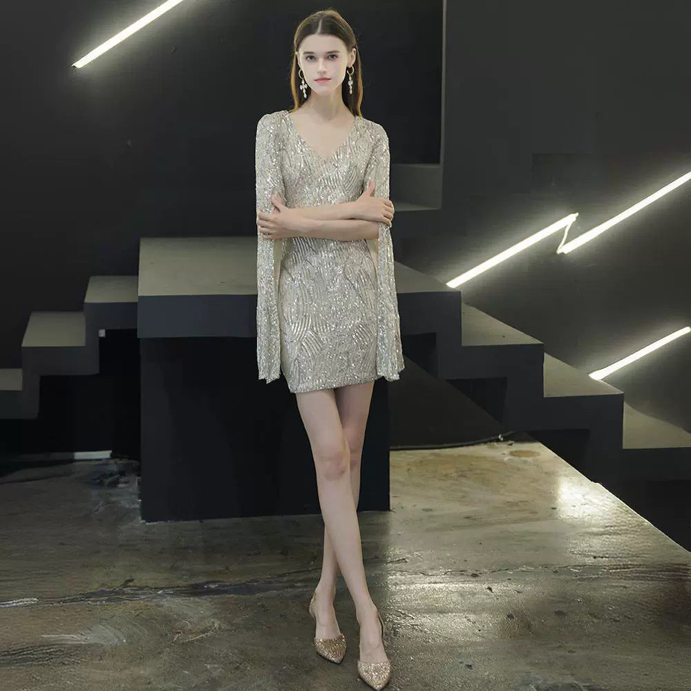 Sequined Cape-Sleeve Mini Dress