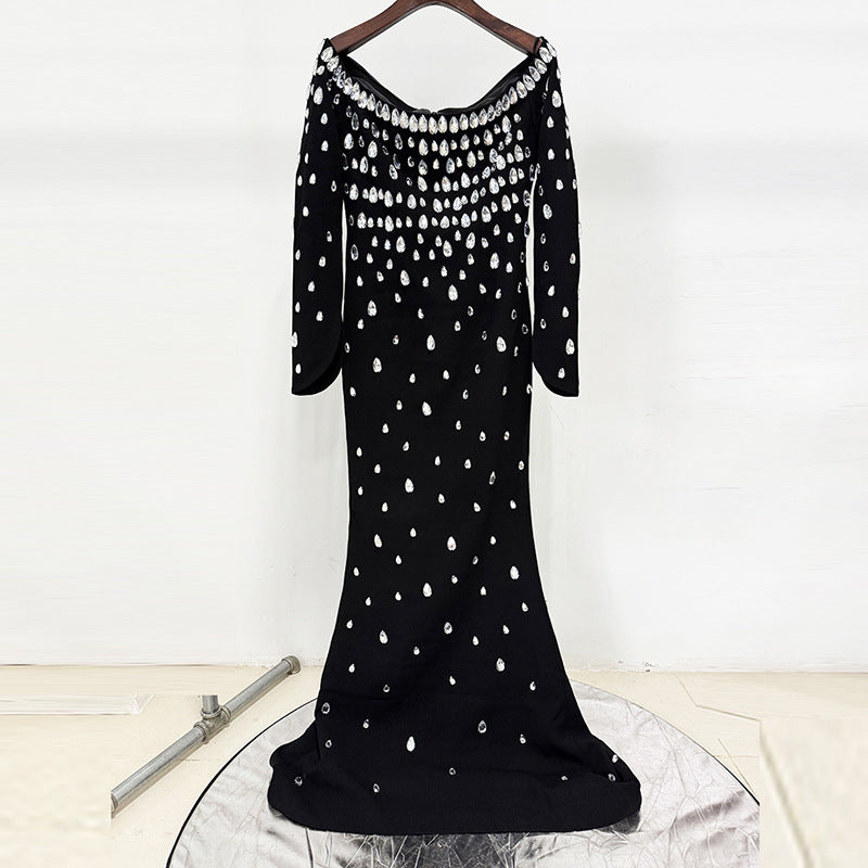 Off-Shoulder Crystal-Drop Column Evening Gown