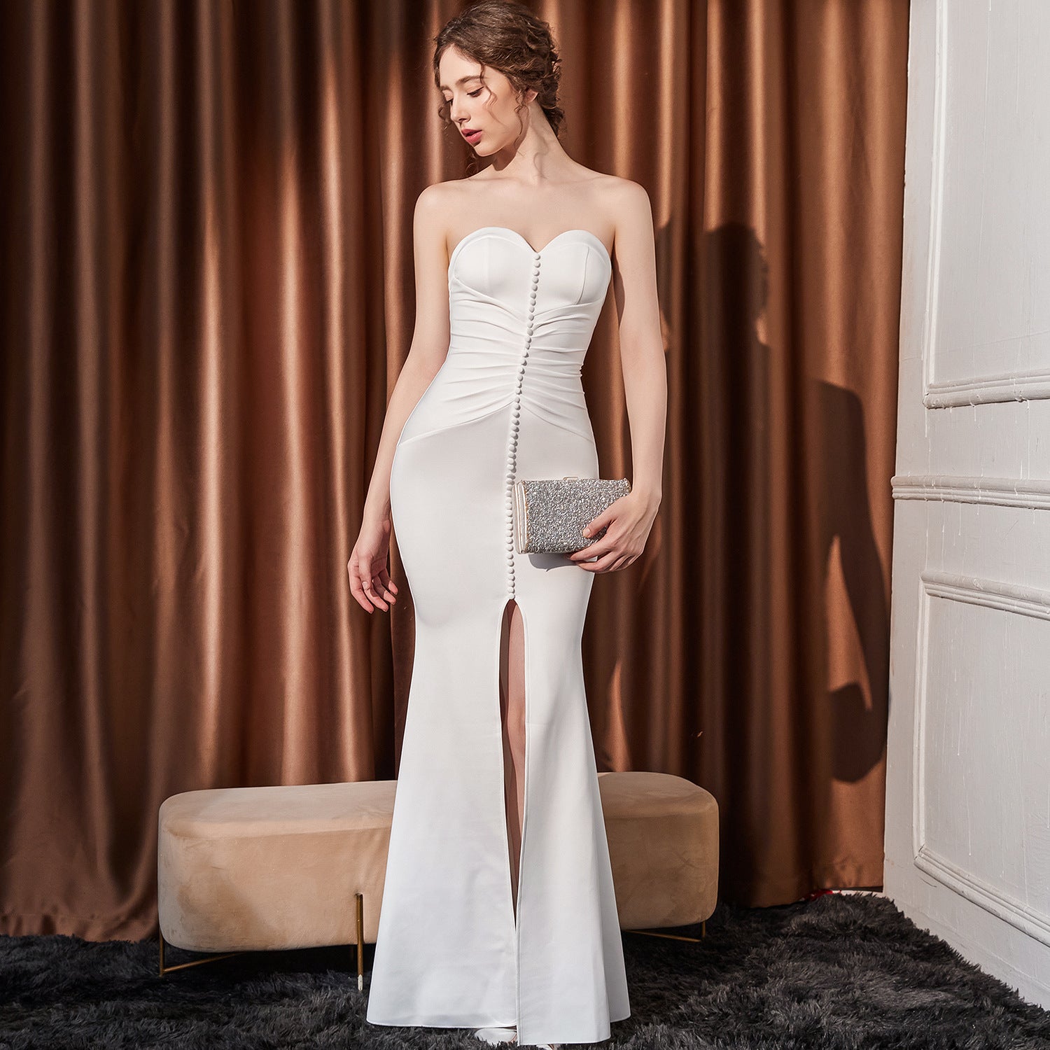 Lunaria Grace Strapless Sweetheart Column Gown with Button Detail
