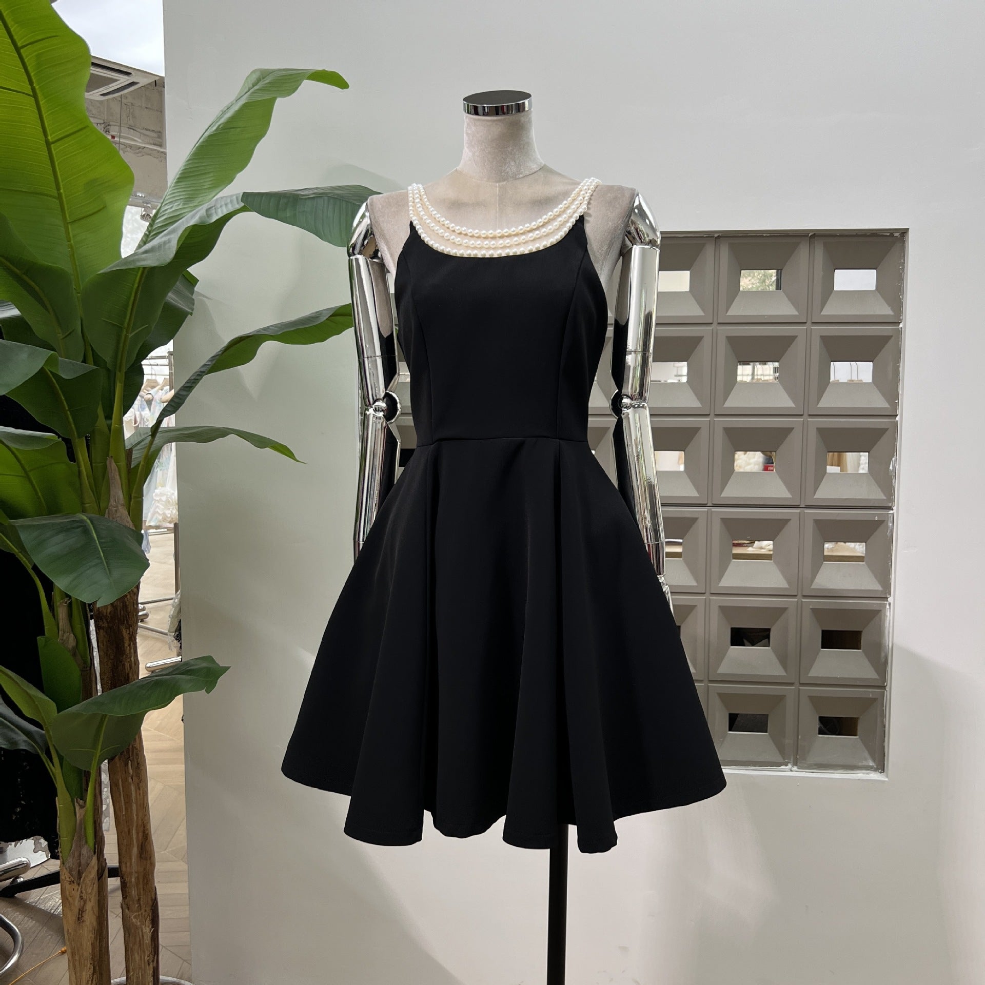 Pearl Neckline Fit-and-Flare Mini Dress