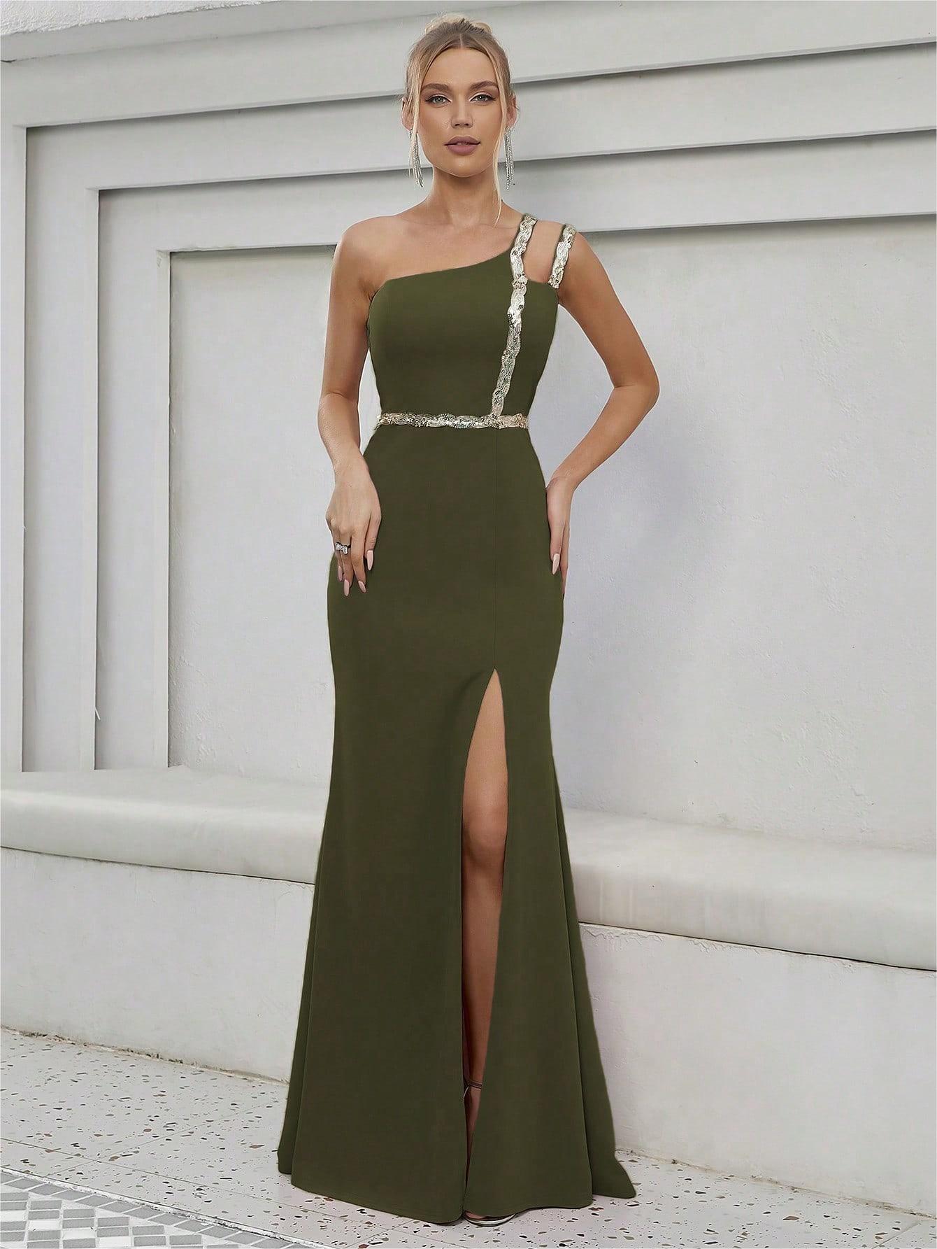 Gilded Grace One-Shoulder Slit Gown with Metallic Chain Detail