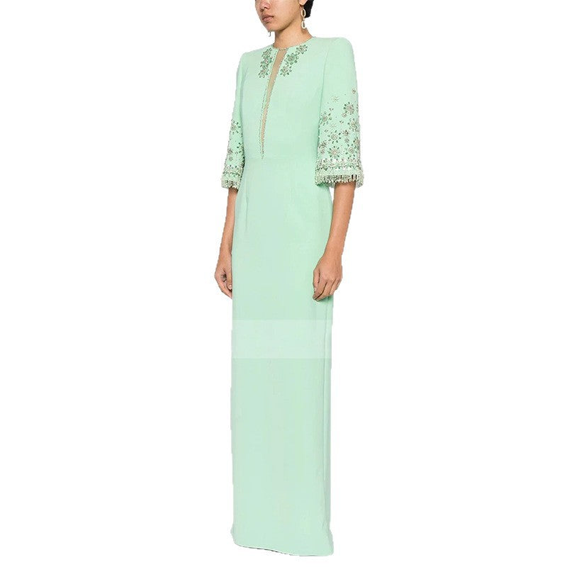 Verdant Grace Beaded Mid-Sleeve Gown
