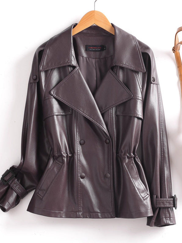 Double-Breasted Leather Jacket with Cinched Waist