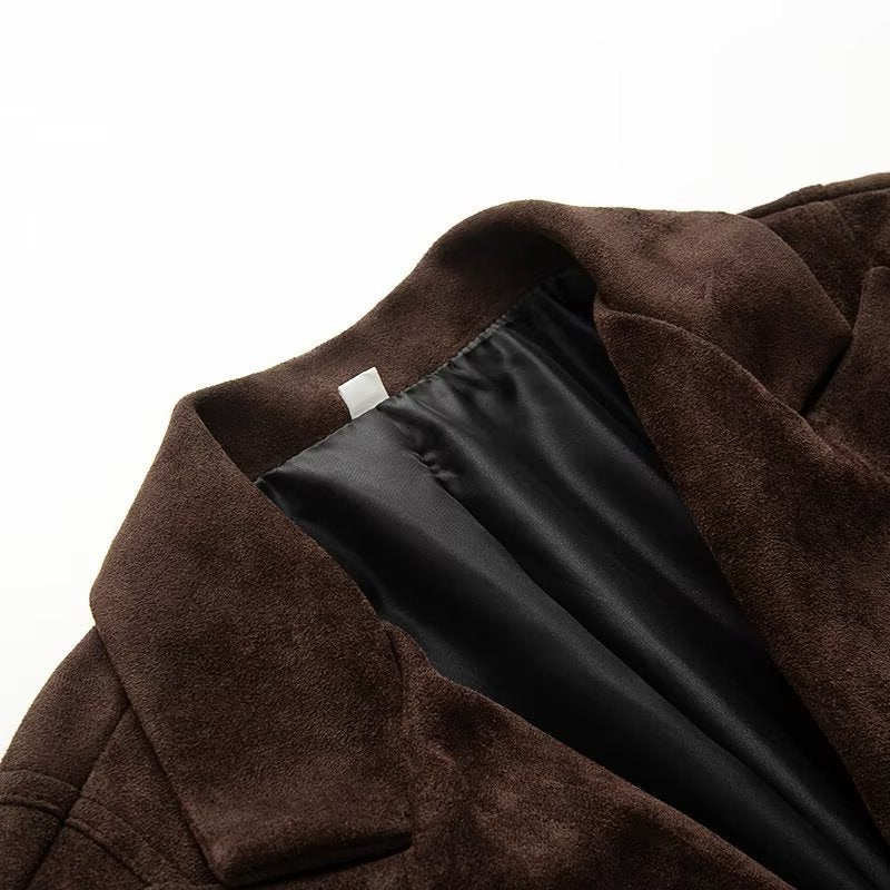 Tailored Suede Double-Breasted Notch-Lapel Blazer