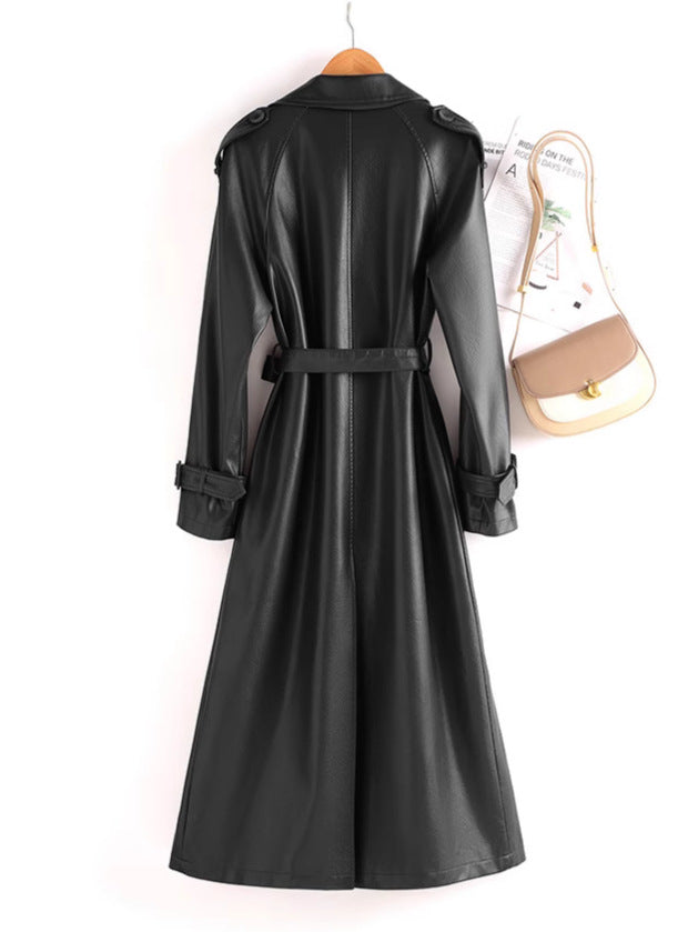 Longline Contrast-Collar Belted Leather Trench Coat