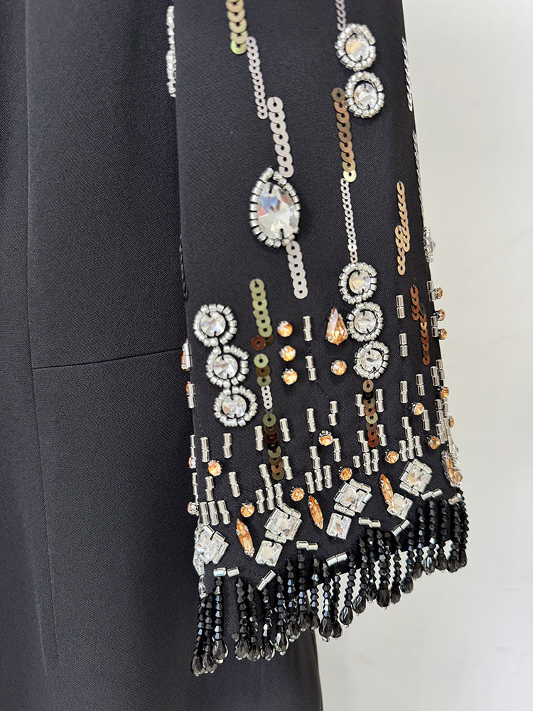 Powder Blue/Black Beaded-Sleeve Column Evening Gown