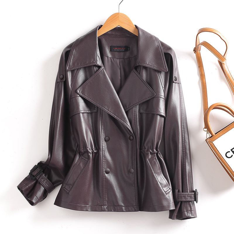 Double-Breasted Leather Jacket with Cinched Waist