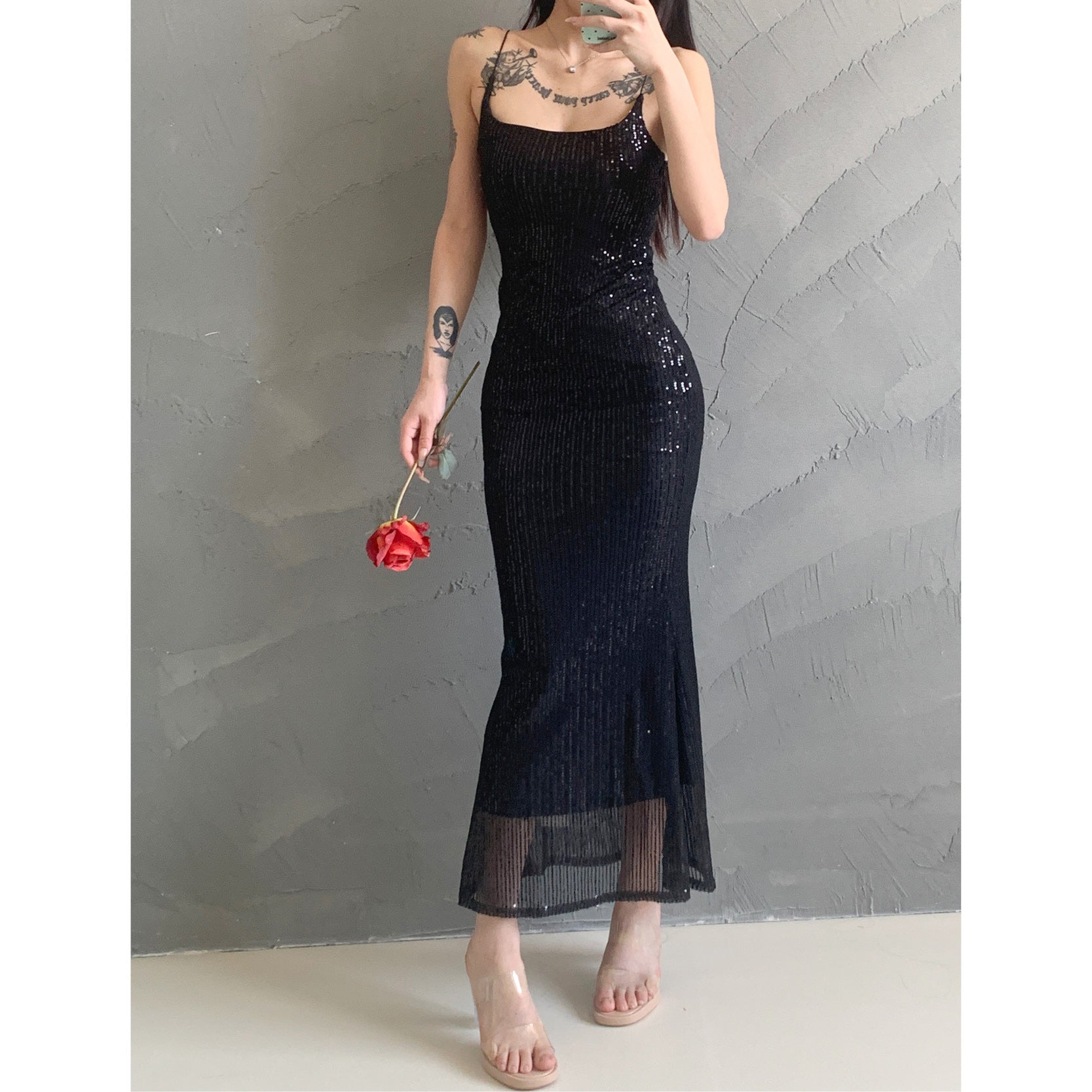 Sequined spaghetti-strap column dress, sheer hem