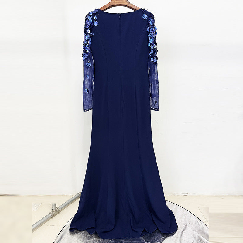Ethereal Navy Bloom Mesh and Sequin Gown