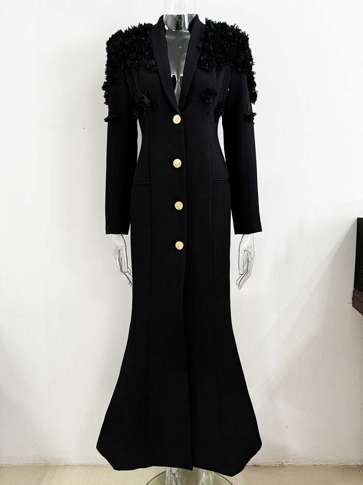 Elegant Floral Appliqué Longline Blazer Dress