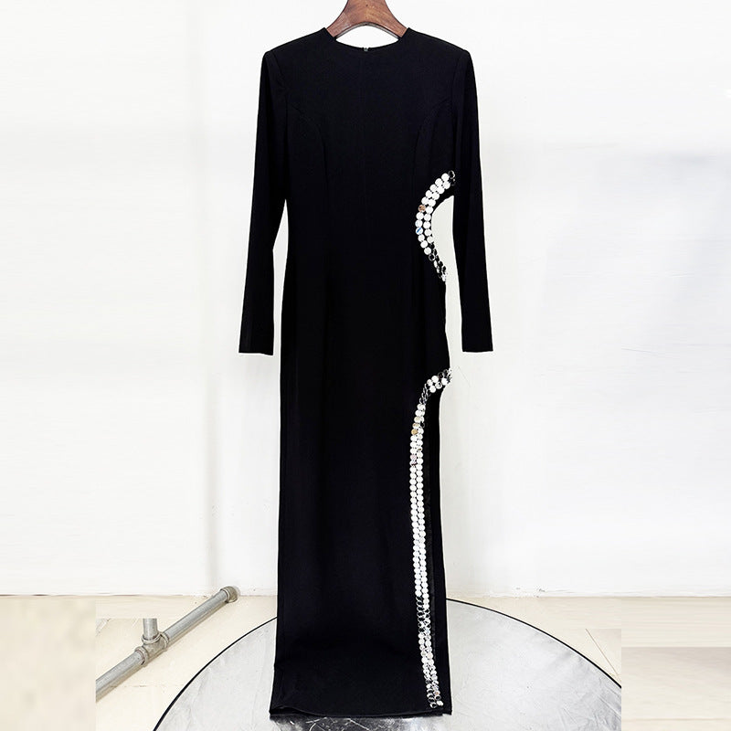 Black Cutout Gown with Sequin-Trim Slit