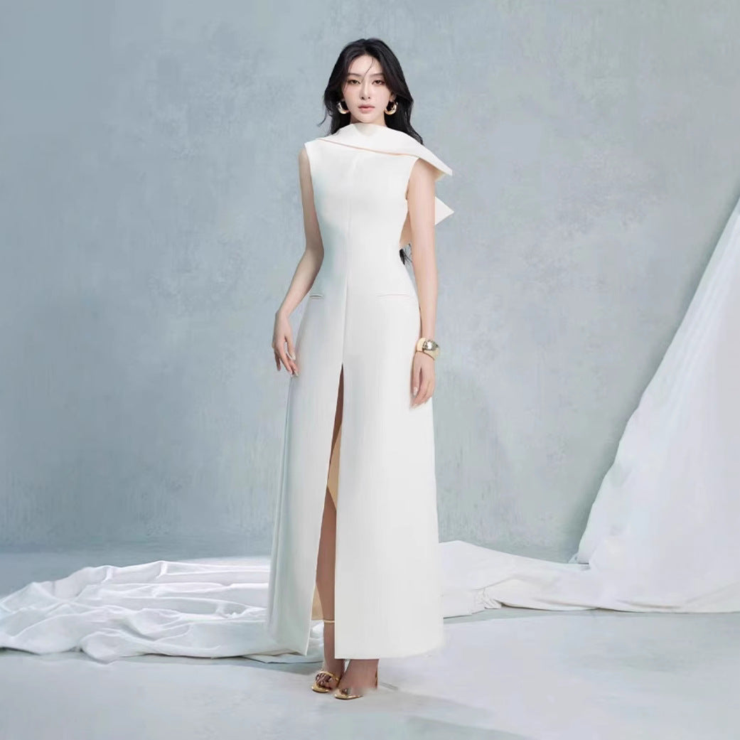 Sleeveless Asymmetric-Neck Slit Dress
