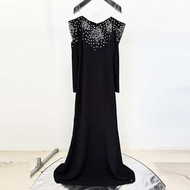 Beaded Off-Shoulder Black Fishtail Gown