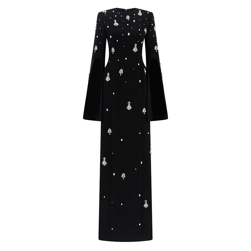 Crystal Beaded Long Sleeve Evening Dress