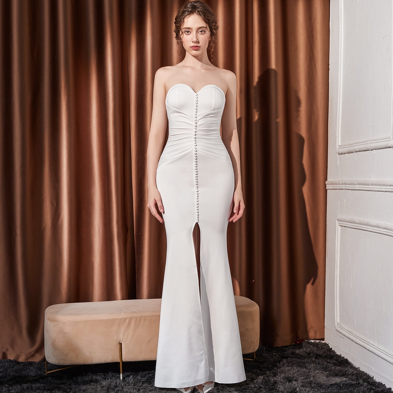 Lunaria Grace Strapless Sweetheart Column Gown with Button Detail