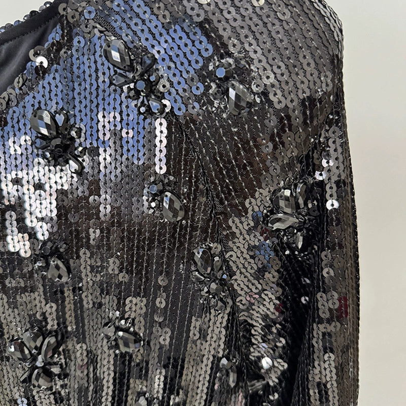 Black Sequin Long-Sleeve Mermaid Evening Gown