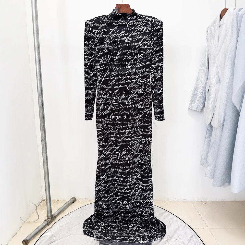 Script Print Long-Sleeve Bodycon Maxi Dress