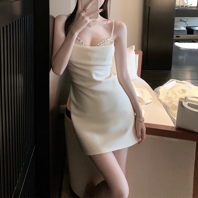 Black Crystal-Pearl Sweetheart Strappy Mini Dress--
