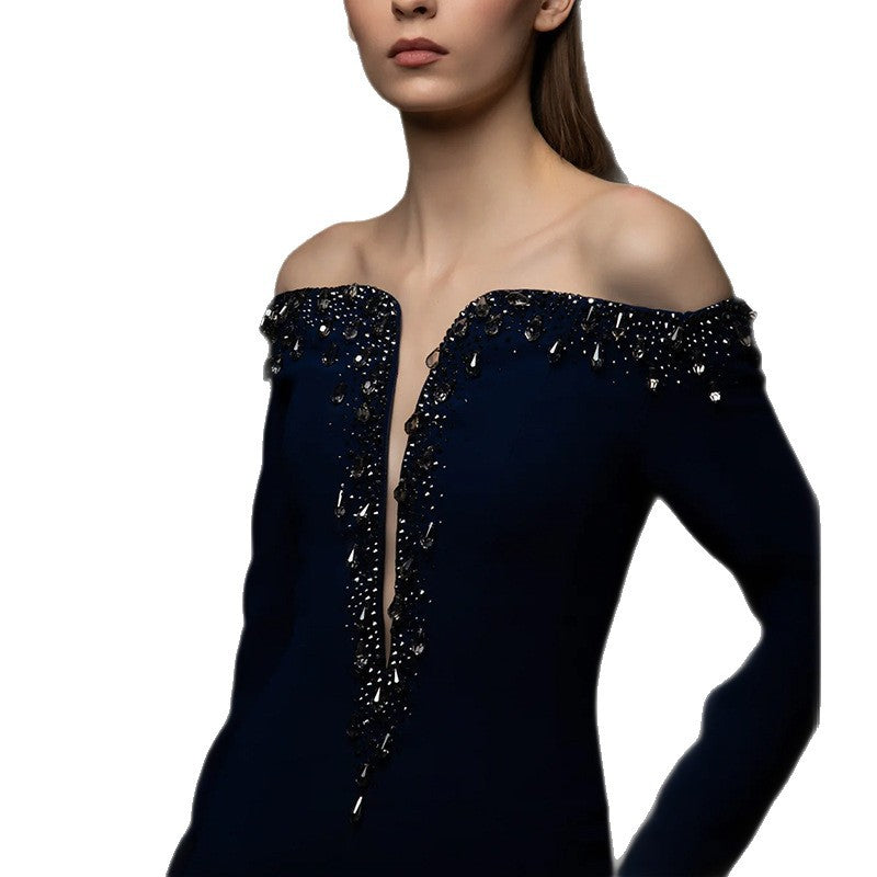Navy Off-Shoulder Beaded Plunge Evening Gown