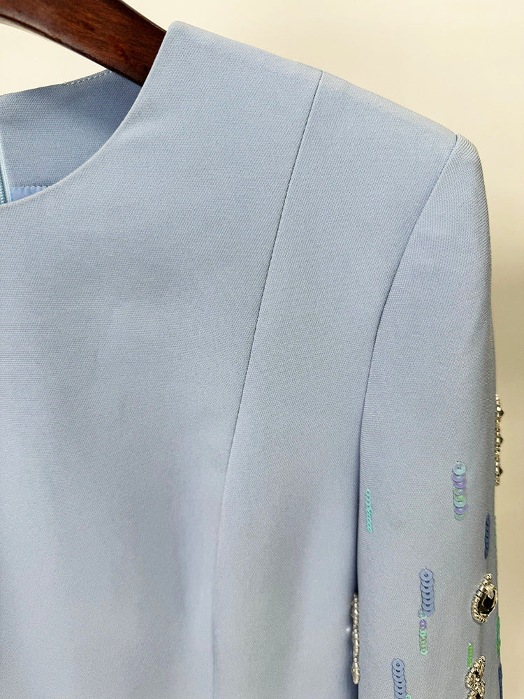 Powder Blue/Black Beaded-Sleeve Column Evening Gown