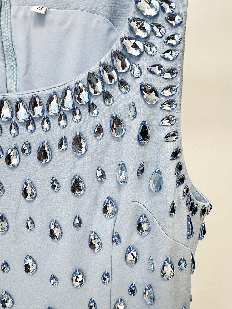 Azure Dewdrop Embellished Column Gown