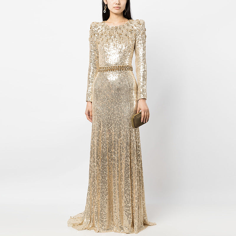 Black Sequin Long-Sleeve Mermaid Evening Gown