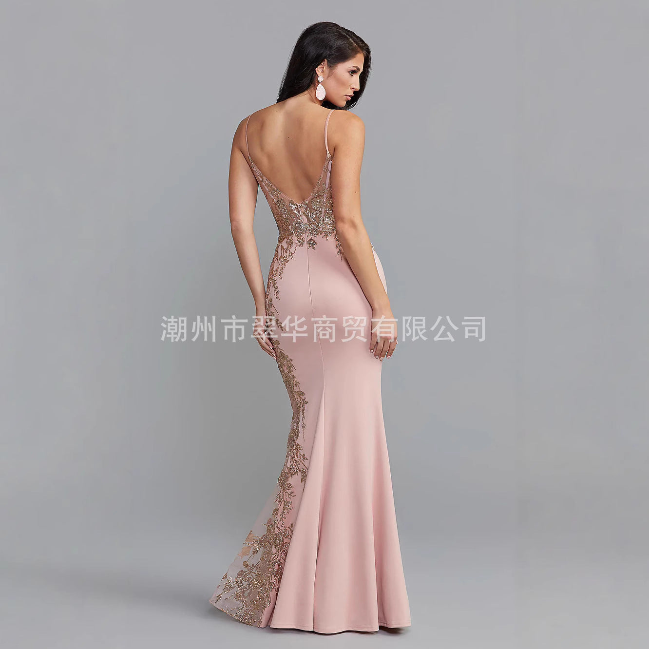 Blush Lace-Embroidered Open-Back Mermaid Gown