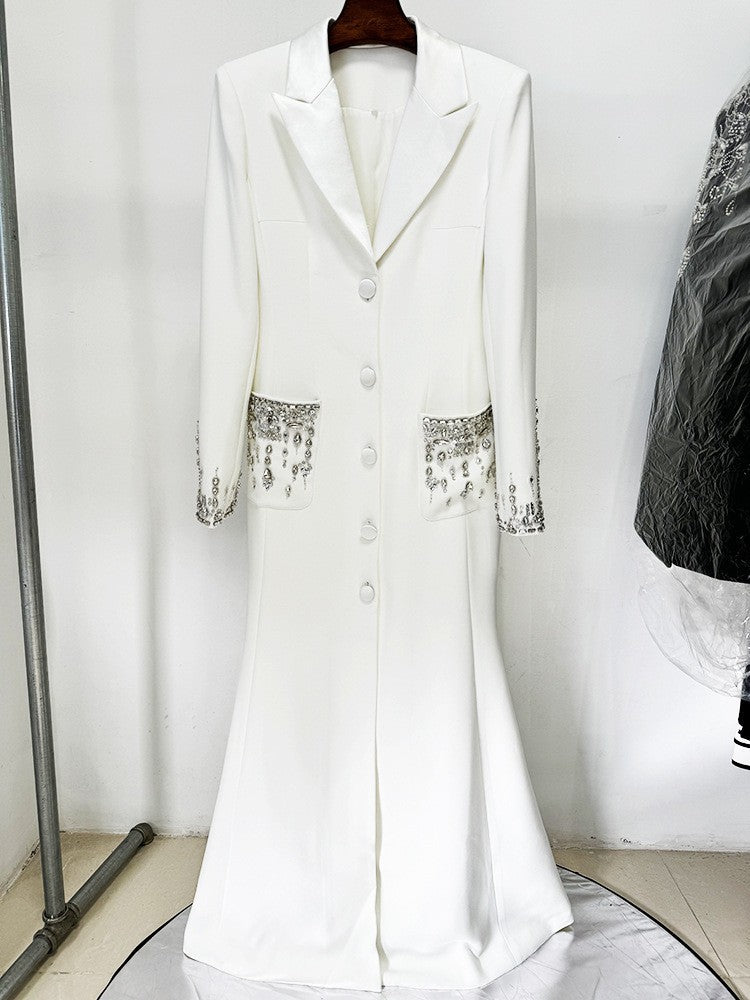 Crystal Beaded Tuxedo-Collar Mermaid Gown