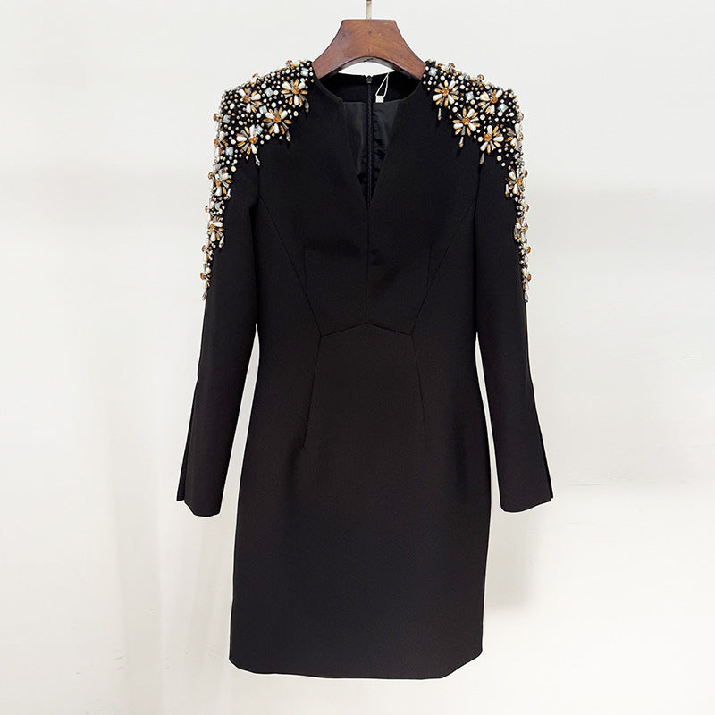 Noir Starlight  Beaded Shoulder V-Neck Mini Dress