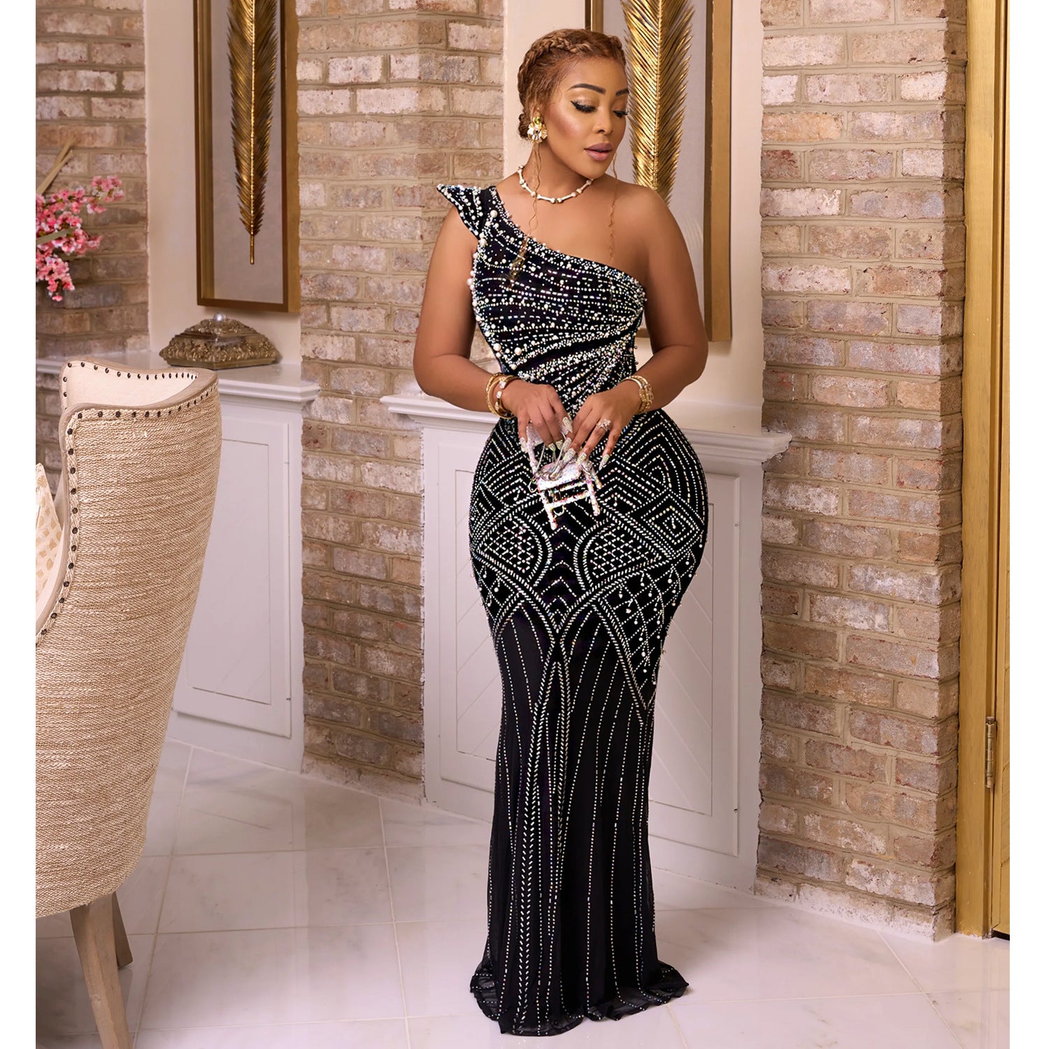 Midnight Deco One-Shoulder Beaded Gown