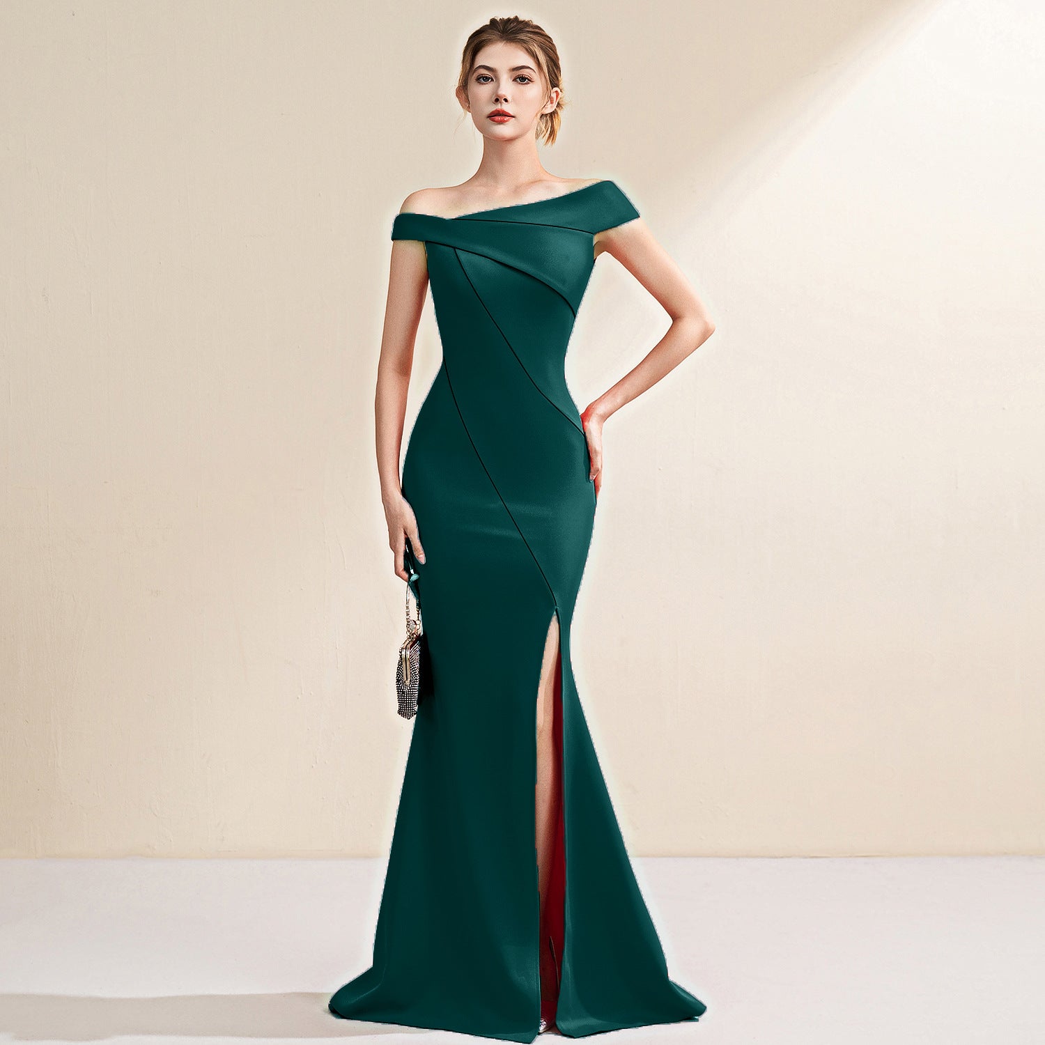 Emerald Green Evening Turtle Neck Dress